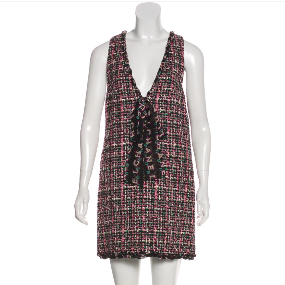 NEW CHANEL 19P MULTICOLOR TWEED SILK SLEEVELESS CC DRESS 44